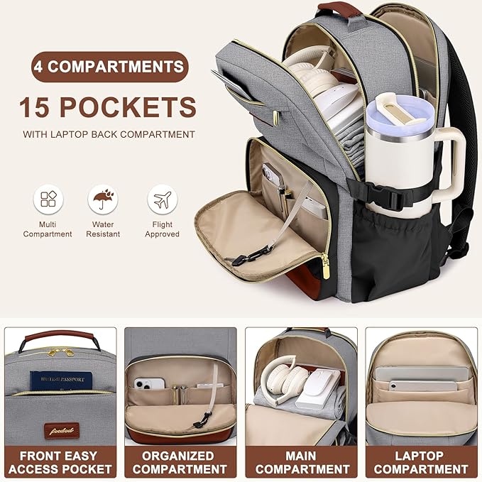 Focdod Laptop Backpack for Women Bookbag: 15.6 inch Work Backpacks with Pouch Pocket for Large Capacity Cup & USB Charger College Book Bag Travel Business Nurse Teacher Bookbags Anti-theft Back Pack