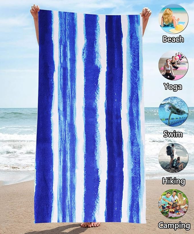 Oversized Terry Beach Towel 36 x 72 in Soft Extra Large Big Pool Swim Towels for Adult XL Clearance Big Travel Blanket Cruise Vacation Accessories Essentials Lounge Chair Cover Blue Stripe Boho