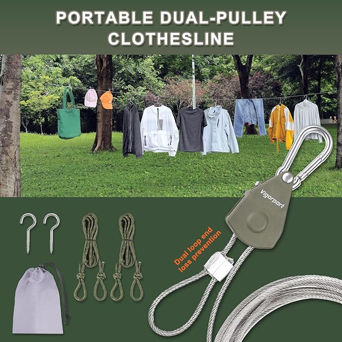 Vigorport Outdoor Retractable Clothesline Portable Travel Clothes Line Wire Ropes with PVC Coating Heavy Duty Rope Pully System for Camping, RV, Indoor Backyard（19Ft）