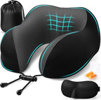 ExploreBliss Travel Pillow, Travel Pillows for Sleeping Airplane, Neck Pillow Airplane, Memory Foam Neck Pillow Set with Eye Mask, Earplugs and Storage Bag -Black