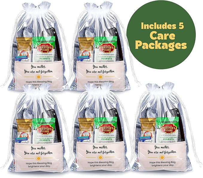 Homeless Care Package (5 Count) – Complete Hygiene Kits for Homeless Includes Food, Socks, First Aid and Personal Care Items – Ideal Homeless Blessing Bag for Outreach and Charity