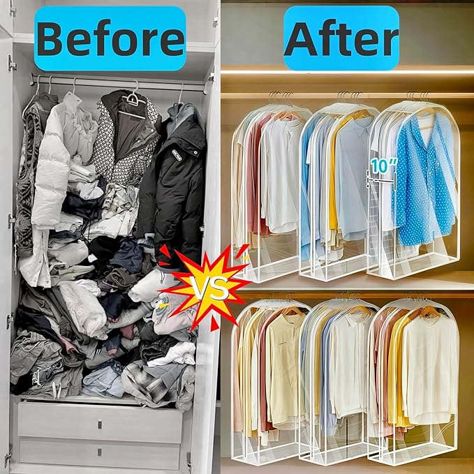 6 Pack Clear Garment Bags for Hanging Clothes 10”Gusseted, Suit Bags for Closet Storage, Hanging Plastic Clothes Cover for Coat, Dress, Fur, Shirt（24x10x40In）