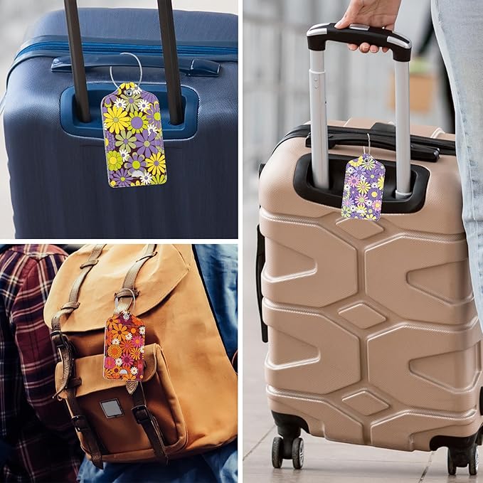 Rimilak 3 Pcs PU Leather Luggage Tags for Suitcase, Travel Cruise Luggage Tag with Privacy Flap, Name ID Label and Metal Loop for Women Men Baggage Handbag School Bag Backpack, Small Flower
