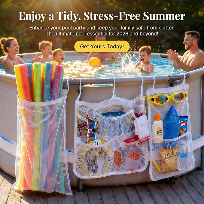 3 Pieces Above Ground Pool Storage Bag - 2 Pcs Pockets Bags & One Large Drawstring Mesh Organizer for Large Floats, Toys, Sports Balls, Towels & Beverages