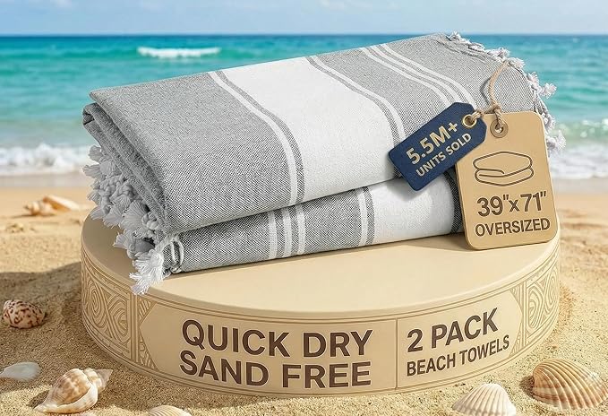 LANE LINEN Beach Towel, 2 Pack Beach Towels Oversized, 39"x71", Quick Dry Pool Towels for Adults, Absorbent Sandproof, Lightweight Travel Beach Towel - Alloy