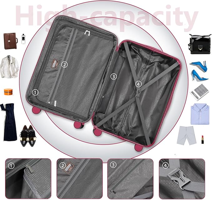 6 Piece Luggage Sets with Bags, Lightweight Expandable Checked Luggage Sets, Hardshell ABS Spinner Wheels Carry on Suitcase with TSA Lock, for Travel, Women Men (Rose Red, 18/20/24/28inch+2bags)