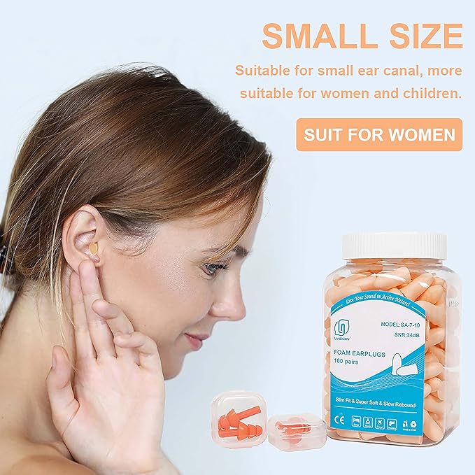 LYSIAN Slim Fit Foam Ear Plugs for Small Ear Canals, 100 Pairs 35dB SNR Noise Reduction Earplugs for Work, Travel and Discreet Daily Use, Women, Teens, Beige