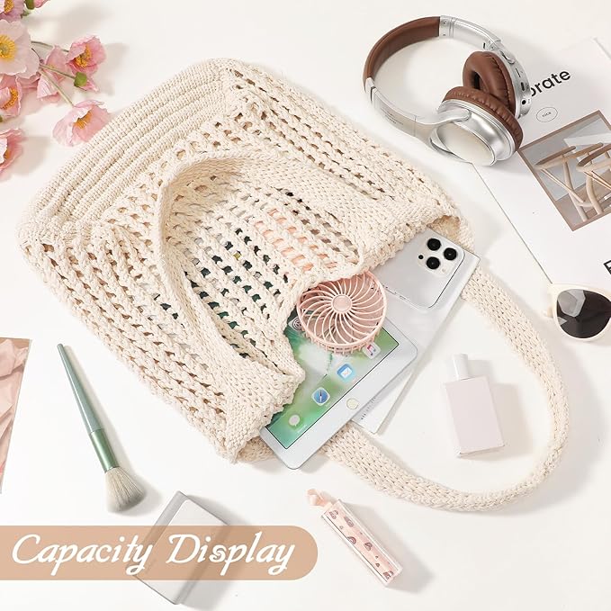 Tavaleu Crochet Tote Beach Bags for Women, Mesh Beach Tote Knit Bag, Summer Vacation Aesthetic Boho Hobo Shoulder Bag