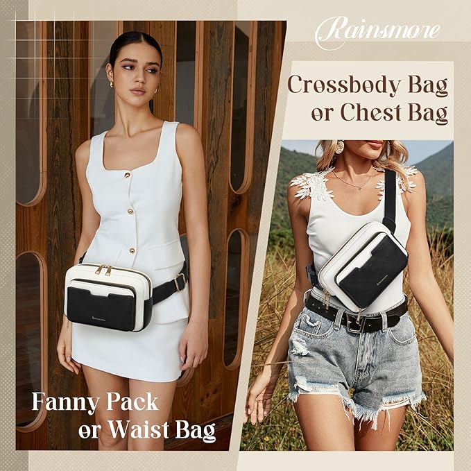 RAINSMORE Fanny Packs for Women, Leather Belt Bag Waterproof Everywhere Crossbody Waist Pack with Adjustable Strap Retro Sling Chest Bag for Work Running Travel Party, Black with White