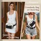 RAINSMORE Fanny Packs for Women, Leather Belt Bag Waterproof Everywhere Crossbody Waist Pack with Adjustable Strap Retro Sling Chest Bag for Work Running Travel Party, Black with White