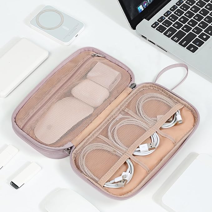 NISHEL Travel Cord Organizer Case, Double Layers Tech Electronic Bag, Essentials for Charger, Cable, Phone, Flash drive, Medium, Peach Pink