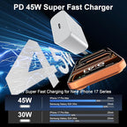 45W USB C iPhone 17 16 Pro Max Charger Block Type C iPhone 16 17 Super Fast Charger with 10 FT Long Type C Fast Charging Cable Cord for iPhone 17 Pro Max/17 Pro/iPhone Air/17/16//16 Pro Max/15/Samsung