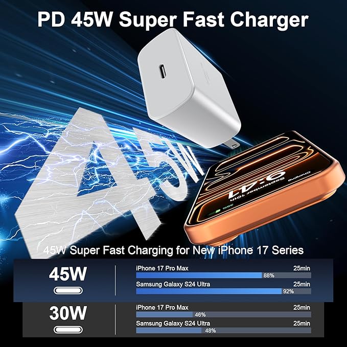 45W USB C iPhone 17 16 Pro Max Charger Block Type C iPhone 16 17 Super Fast Charger with 10 FT Long Type C Fast Charging Cable Cord for iPhone 17 Pro Max/17 Pro/iPhone Air/17/16//16 Pro Max/15/Samsung