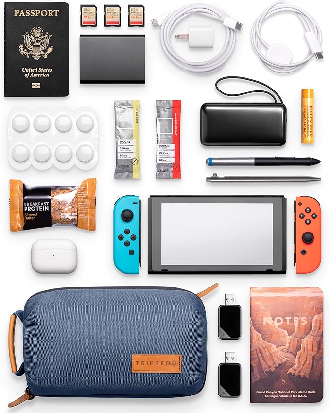 TRIPPED Travel Gear Tech Bag Organizer - Small Electronics Organizer Pouch for Travel - Premium Travel Case with Leather Accents - Mesh Pocket for Cables, Cords and Chargers (Navy)