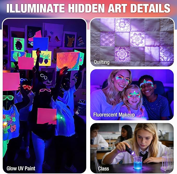 EverBrite UV Blacklight Flashlights 3-Pack Set, 9 LEDs 395nm Mini Black Light for Neon Glow Art, Class Teaching, Scorpions, Pets Stains Urine, 9 AAA Batteries Included