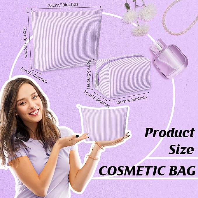 Huhumy 2 Pcs Makeup Bag Set Cute Cosmetic Pouch for Women Seersucker Travel Toiletry Bag Preppy Small Makeup Purse Pouch Aesthetic Skincare Brushes Storage Organizer for Valentine Women(Purple)