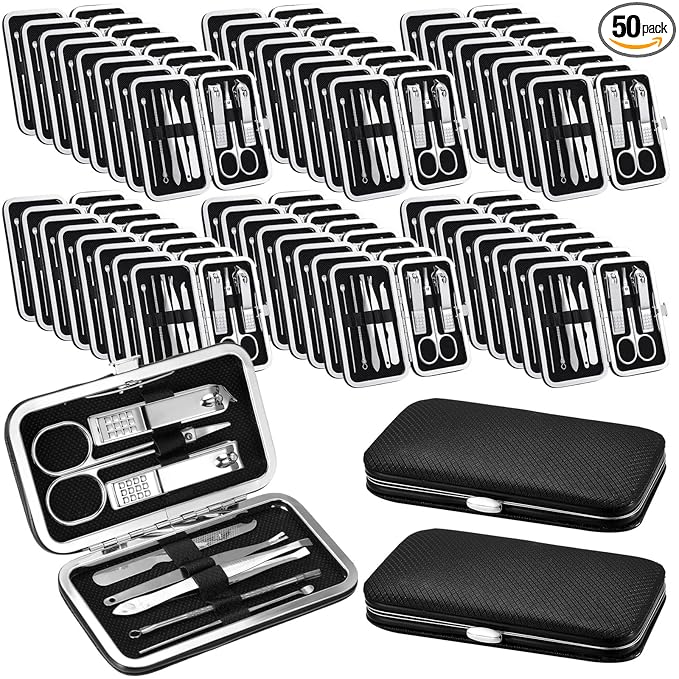 Geosar 50 Set 8 in 1 Travel Manicure Kit Bulk Professional Nail Clippers Pedicure Nail Care Tools Grooming Stainless Steel Set with Portable Travel Case, Gift for Valentine Men Women(Black)