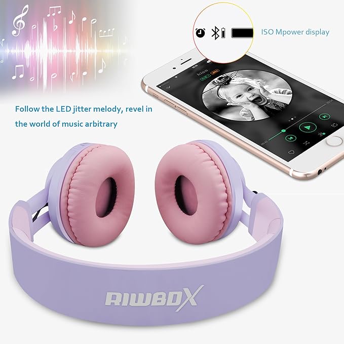 Riwbox WT-7S Kids Bluetooth Headphones Light Up, Foldable Stero Wireless Headset,with Microphone and Volume Control,Comfortable and Durable,for PC/Tablet/TV/Travel(Purple)