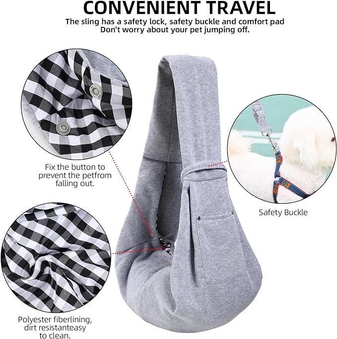 Dog Carrier Sling - Reversible Puppy Carrier Purse with Storage Pocket, Hand-Free Dog Sling Carrier for Carry Small Dogs and Cats, Travel Safety Harness, Dog and Cat Harness (Gray)