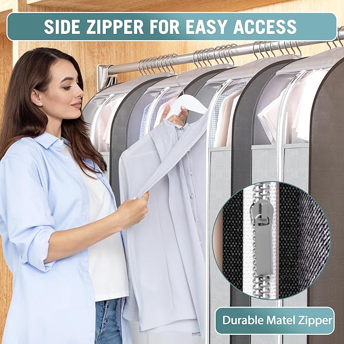 Liuoud 10" Gusseted Garment Bags for Hanging Clothes with Clear Window 50" Suit Bags for Open Closet Storage, Clothing Cover for Coat, Dress, Jacket, Shirt, Fur Wardrobe Protector, 4 Packs