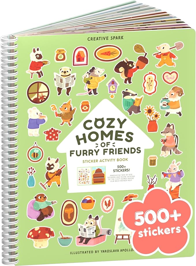 Cozy Homes of Furry Friends 500+ Sticker Book by Cupkin Fun Toddler Calendar Activity Coloring + Sticker Book, Road Trip Essentials, 12 Coloring Pages + Scenes for Ages 2–8 Years