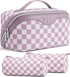 BOYATU Travel Makeup Bag Organizer Cosmetic Bag: 3 Pcs Set Make up Bags for Women with Handle - Waterproof Vegan Leather Toiletry Bag (01-G-Purple)
