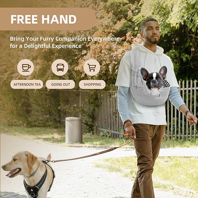 Adjustable Dog Carrier Sling - Hand-Free Dog Carriers for Small Dogs and Cats, Puppy Sling Carrier with Zipper Purse Pocket, Travel Safety Harness, Puppy Essentials (Gray)