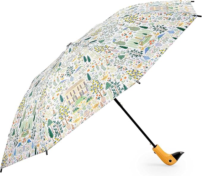 RIFLE PAPER CO. Umbrella, Matching Storage Sleeve, Portable, Auto Open and Close, Wooden Handle, Printed in Full Color
