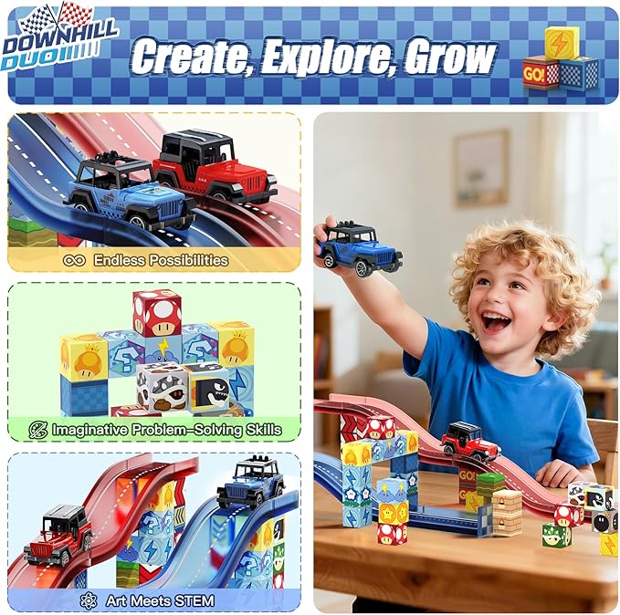 Magnetic Tiles Race Track Set, 52PCS STEM Educational Magnetic Building Blocks with 2 Race Cars, Montessori Sensory Travel Toys for Kids 3 4 5 6 7 8, Birthday for Boys & Girls