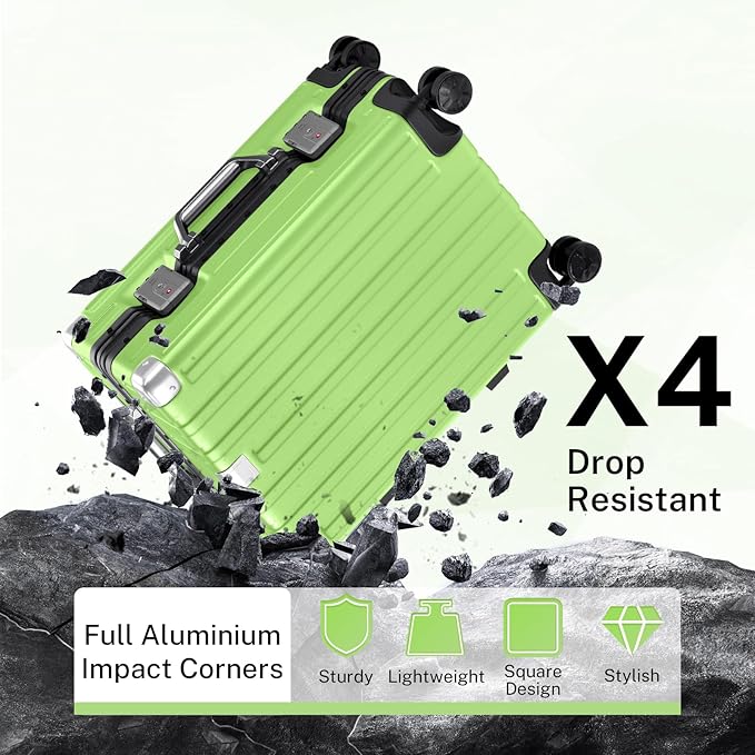 Krute Carry On Luggage 20 inch Aluminum Frame Luggage with Spinner Wheels Hardshell No Zipper PC+ABS TSA Lock Zipperless Suitcases Green