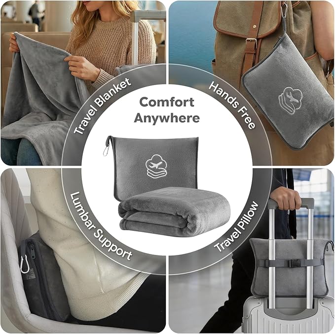 Travel Blanket, Soft 2-in-1 Airplane Blanket, 65x40 Inches, Travel Blanket Airplane Compact with Bag, Car Blanket with Luggage Sleeve & Backpack Clip (Light Grey)