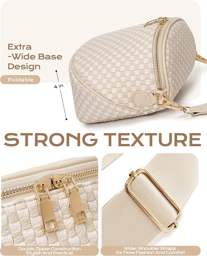 Trendy Woven Checkered Crossbody Bum Bag for Women，PU Leather Checkered Purse Fanny Packs Belt Bag (Woven Bum Bag - Beige White)