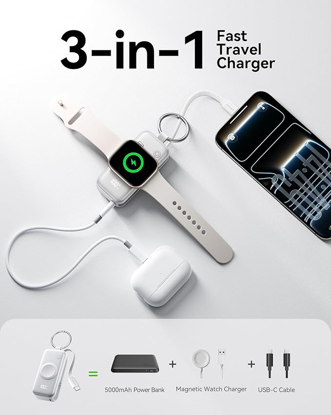 INIU 3-in-1 Portable Charger, Small 5000mah Power Bank with Built-in USB C Cable and Watch Charger, 20W PD Fast Charging Battery Pack, Travel Charger for iPhone 16 15, Apple Watch, etc