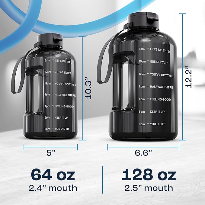 AQUAFIT Half Gallon Water Bottle with Time Marker - Straw & Chug Lid - BPA Free Gym Water Bottle with Straw - Big Gallon Jug (Blue Skies, 64 oz - 2 Lids)