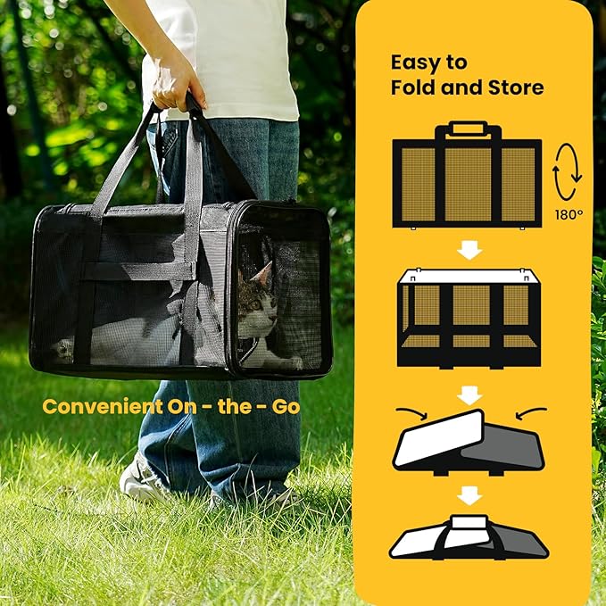 Conlun Cat Carrier Bag,Soft-Sided Pet Carriers for Dogs with 4-Sided Mesh,Airline Approved Cat Transport Carrier for Small&Medium Cats Kitten Puppy Up to 15Lb,Collapsible Cat Travel Carrier-M,Black