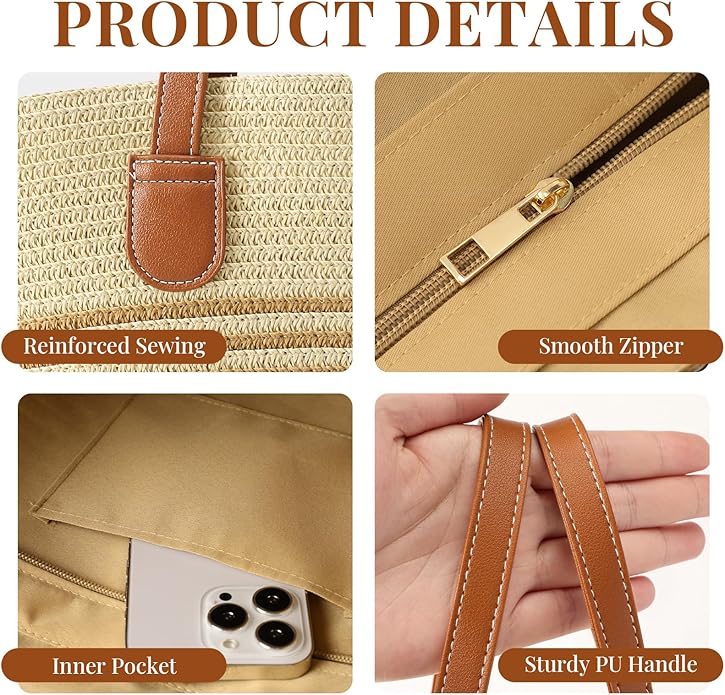 Beach Bags for Women, Summer Straw Beach Bag Straw Purse Shoulder Handbags Large Beach Tote for Summer Vacation