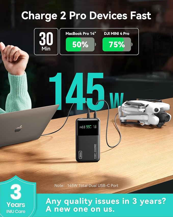 INIU USB C to USB C Cable, 240W Fast Charging Type C Charger Cord with 25000mAh Power Bank,Compact High Capacity 140W Laptop Portable Charger, USBC Tablet Powerbank