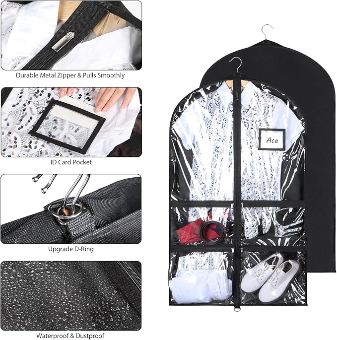 Syeeiex 3" Gusseted Clear Dance Costume Garment Bag, 40'' Dance Garment Bags for Dancers with 4 Zippered Pocket & Can Hold 1-3 Dance Costumes - Suitable for Dance Competitions, Ballet(Black, 2 Pack)
