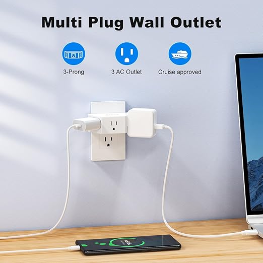 Multi Plug Outlet Extender 2 Pack, HITRENDS Small Electric Outlet Adapter, Small 3 AC Plug Extender for Travel Cruise Ship Dorm Room Essentials