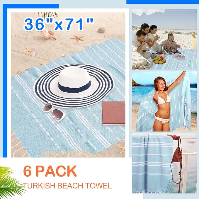 YSYJ Turkish Beach Towel 6 Pack Beach Towels 36"x71" Beach Towel Oversized Sand Free Turkish Towel Quick Dry Bath Towels Blue