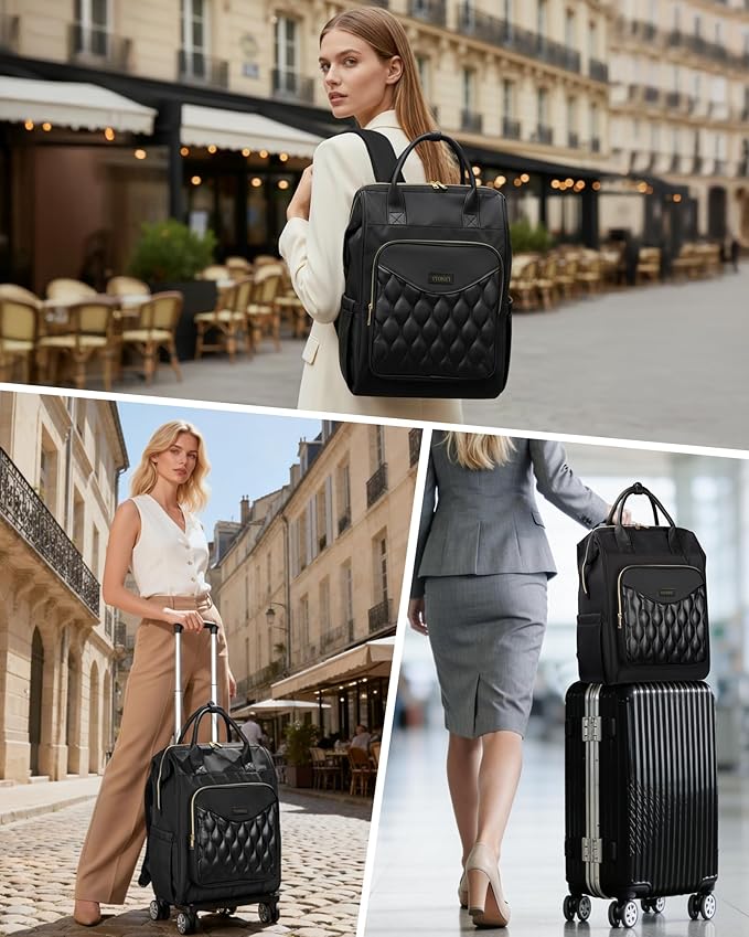 Ytonet Rolling Backpack for Women, 15.6 In Rolling Travel Backpack with 4 Spinner Wheels, Carry On Rolling Laptop Bag with Detachable Trolley, Stylish Wheeled Backpack for College Business Work, Black