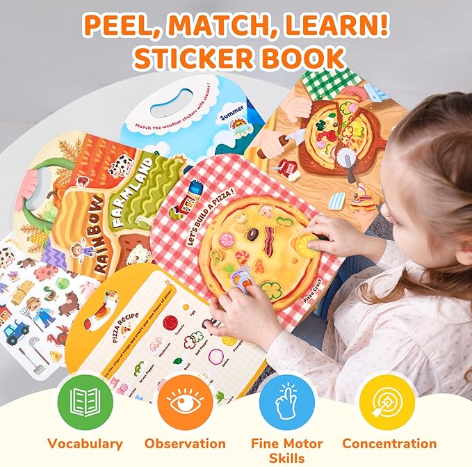 JoyCat Reusable Sticker Book Set (3-Pack): Farm, Pizza-Making, Weather - 90 Pcs Stickers for Toddlers, Kids Sticker Activity Book, Road Trip Travel Toys, Birthday Gifts for Boys and Girls