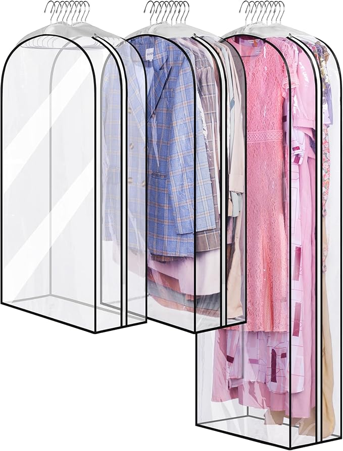 MISSLO 10" Gusseted All Clear Garment Bags for Hanging Clothes 40"+60" Suit Bags for Closet Storage Dresses Protectors for Shirts, Coats, Gowns, 3 Packs