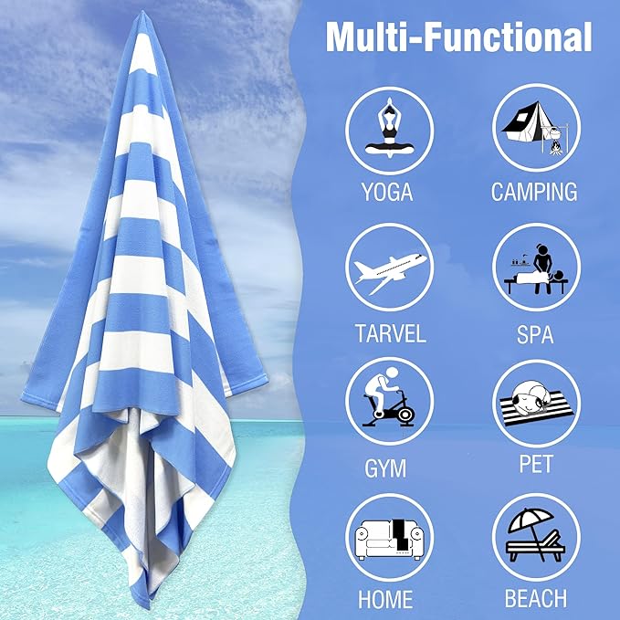 HENBAY Large Oversized Beach Towel - 35 x 70 Inch Microfiber Pool Towel, Blue Striped Quick Dry Cabana Swim Towel