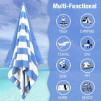 HENBAY Large Oversized Beach Towel - 35 x 70 Inch Microfiber Pool Towel, Blue Striped Quick Dry Cabana Swim Towel