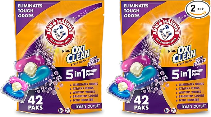 Arm & Hammer Plus OxiClean With Odor Blasters Laundry Detergent 5-IN-1 Power Paks, 42CT (Packaging may vary) (Pack of 2)