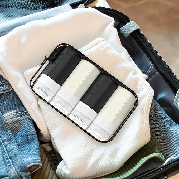 2 oz Travel Bottles, Small Size Containers, TSA Approved Silicone Travel Toiletries Bottles, Shampoo and Conditioner Kit for Women (Black-white)
