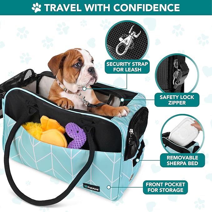 PetAmi Dog Purse Carrier for Small Dogs Cats, TSA Airline Approved Soft-Sided Pet Carrier with Pockets, Ventilated Travel Tote Bag with Bed & Shoulder Strap, Puppy Kitten, Max 12 lbs, Chevron Teal