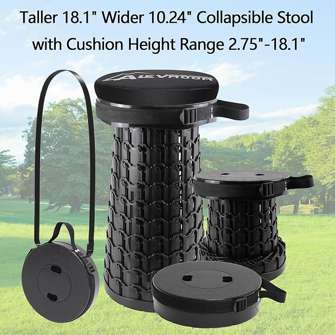 ALEVMOOM Upgraded Collapsible Stool with Cushion,600LBS Max Weight,18.1" Height Adjustable,Sturdy Portable Telescoping Stool,Folding Camping Stool for Outdoor Hiking Travel