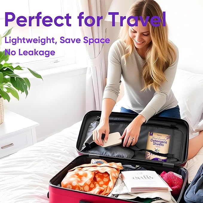 Travel Laundry Detergent Sheets Fisroa 120 Loads Eco-friendly Washing Detergent Sheets Plastic-Free Lavender Liquidless Laundry Strips for Camping Dorm